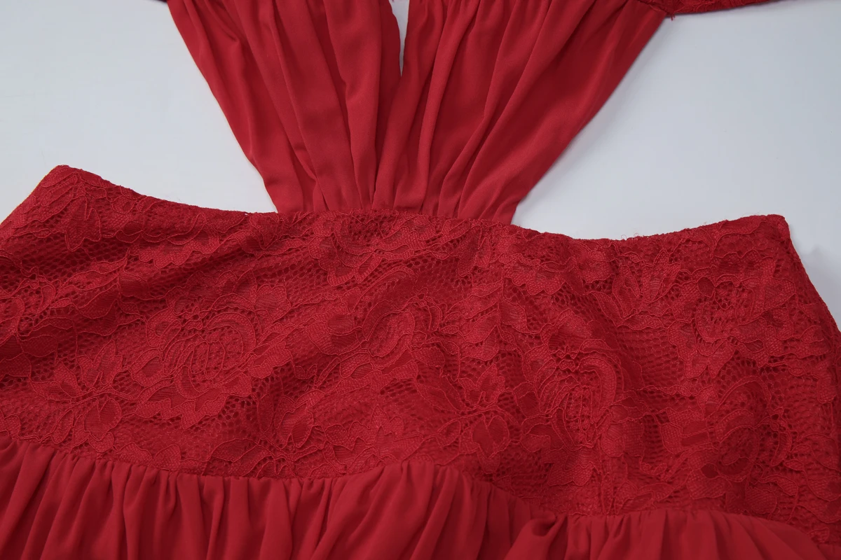 Hugcitar Damenmode, Neckholder, V-Ausschnitt, einfarbig, rückenfrei, gerüscht, mit Schnürung, sexy Maxikleid, Patchwork-Spitze, Sommerkleid, Strandurlaub – Detail 5