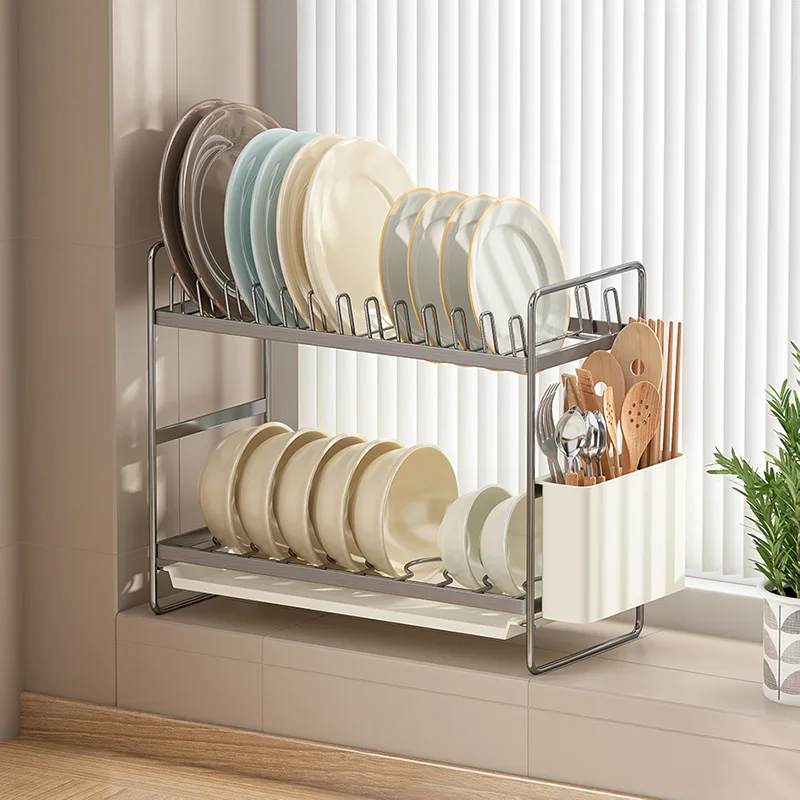 

Organizer Kitchen Utensil Knife Holders Dish Drainer Storage Shelf Stand Dish Drying Rack 2 Tier Countertop Dish Draining Rack