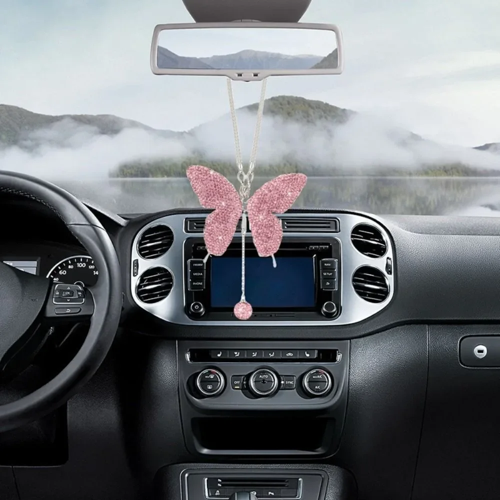 Bling Butterfly Pendant Car Rearview Mirror Hangings Charms Bag Pendant Women Girl Gift Ornaments Auto Interior Decoration