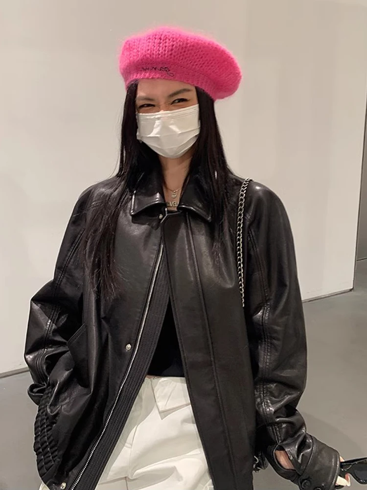 

Повседневная винтажная куртка из натуральной черной овечьей кожи с отложным воротником, женская кожаная куртка Heining, осенняя, с длинными рукавами