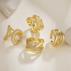 Hollow Design Gold Color Cubic Zirconia Adjustable Band Ring For Women Girls Delicate Party Wedding Jewelry