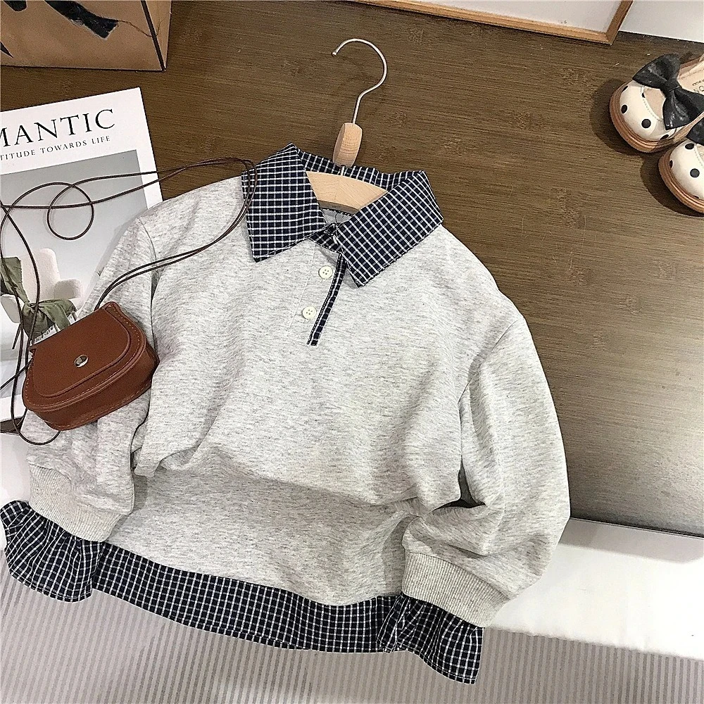 

Детский комплект, осень 2023, новинка в студенческом стиле, серая клетчатая одежда для девочек, топ с воротником с длинными рукавами + короткая юбка