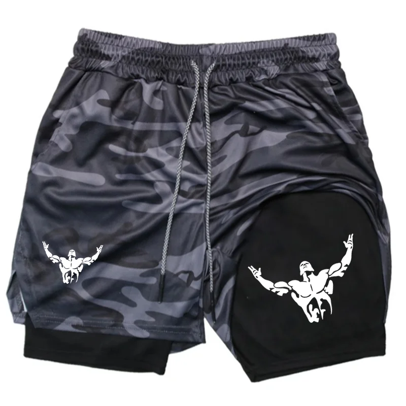 

Bodybuilder Print 2 in 1 Running Shorts Men's Fitness Training Quick Dry Short Pants Male Outdoor Sport Jogging Pocket Bermuda