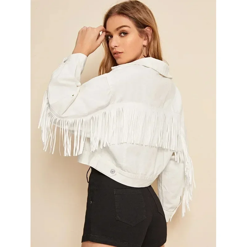 

Hot Sale Of The Season White Fringed Denim Jacket Women's Loose Fit Cross-Border Independent Station Clothing Polyester Fiber fr