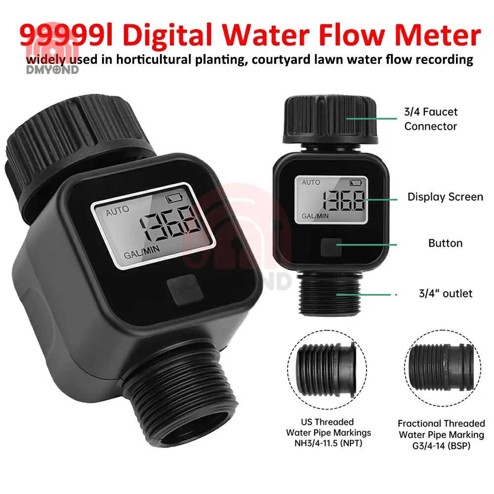 

99999L LCD Water Flow Meter 3/4" IPX6 Multi-Mode Real-Time AVG/Total for Gardening Lawn Agricultural Irrigation Monitoring Tools