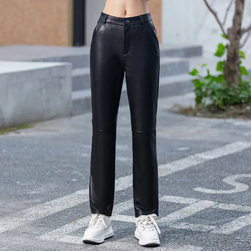 Women's New Sheep Skin Trousers Autumn Winter High Waist Female Fashion Slim Casual Genuine Leather Small Straight Pants Black