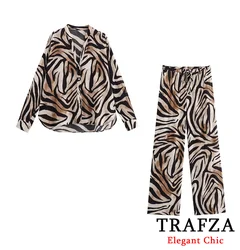 TRAFZA Zebra Print Shirt Set Women's V-Neck Buttons Shirt and Pant 2 Pieces Set New Spring Autumn Fashion Pant Set