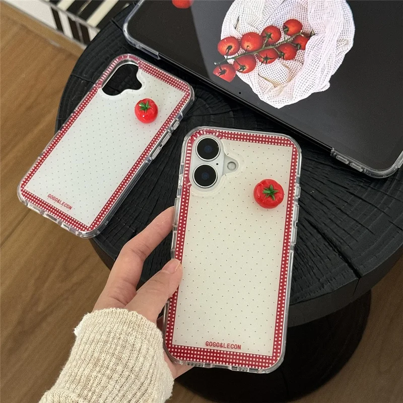 

Korean Red Plaid Pattern Polka Dot Phone Case For iPhone 16 Pro 15 14 Pro Max Cover with Tomato Stand Shockproof Cases