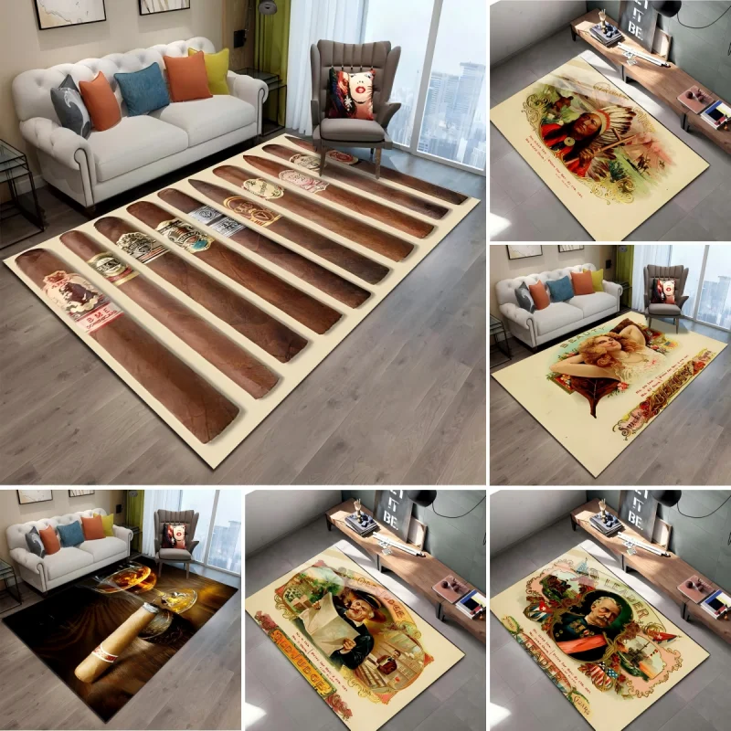 Cuba Cigar Pattern Carpet Home Living Room Bedroom Bedside Family Holiday Decoration Carpet Polyester Machine Washable Felt Rug