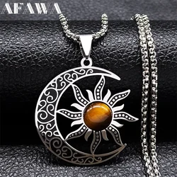 Witch Moon Sun Necklace for Women Men Stainless Steel Stone Occult Luna Crescent Wicca Chain Jewelry collares acero inoxidable