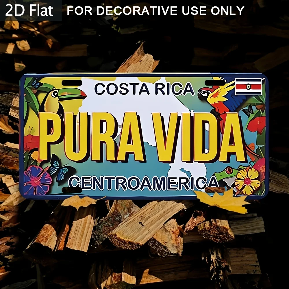 2D Flat 1pc Vintage Aluminum Wall Art Costa Rica License Plate Design with Toucan & Tropical Flowers, Decor for Bar, Cafe, Home