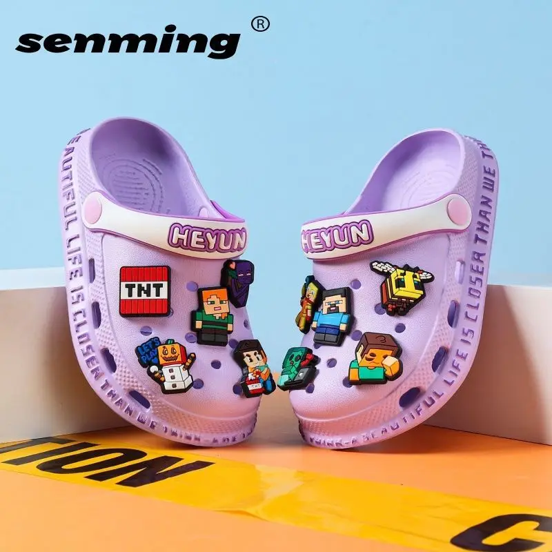 Kids Minecraft Clogs Purple with Pixel Game Shoe Charms Non-Slip Beach Garden Shoes Casual Slippers for Girls