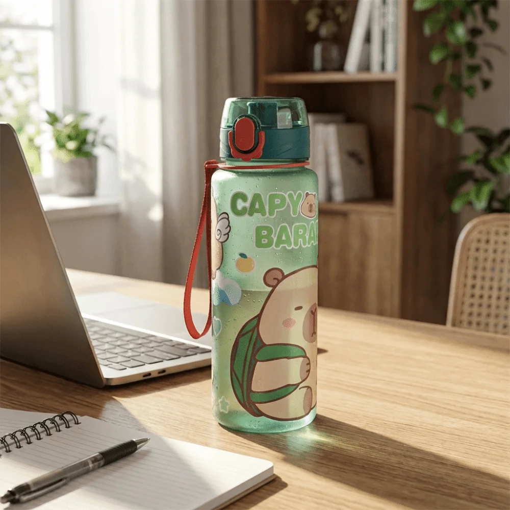 

Plastic Straw Capybara Water Bottle Carry Strap 700ml Leakproof Straw Cup Visually Appealing Cartoon Sports Water Bottle