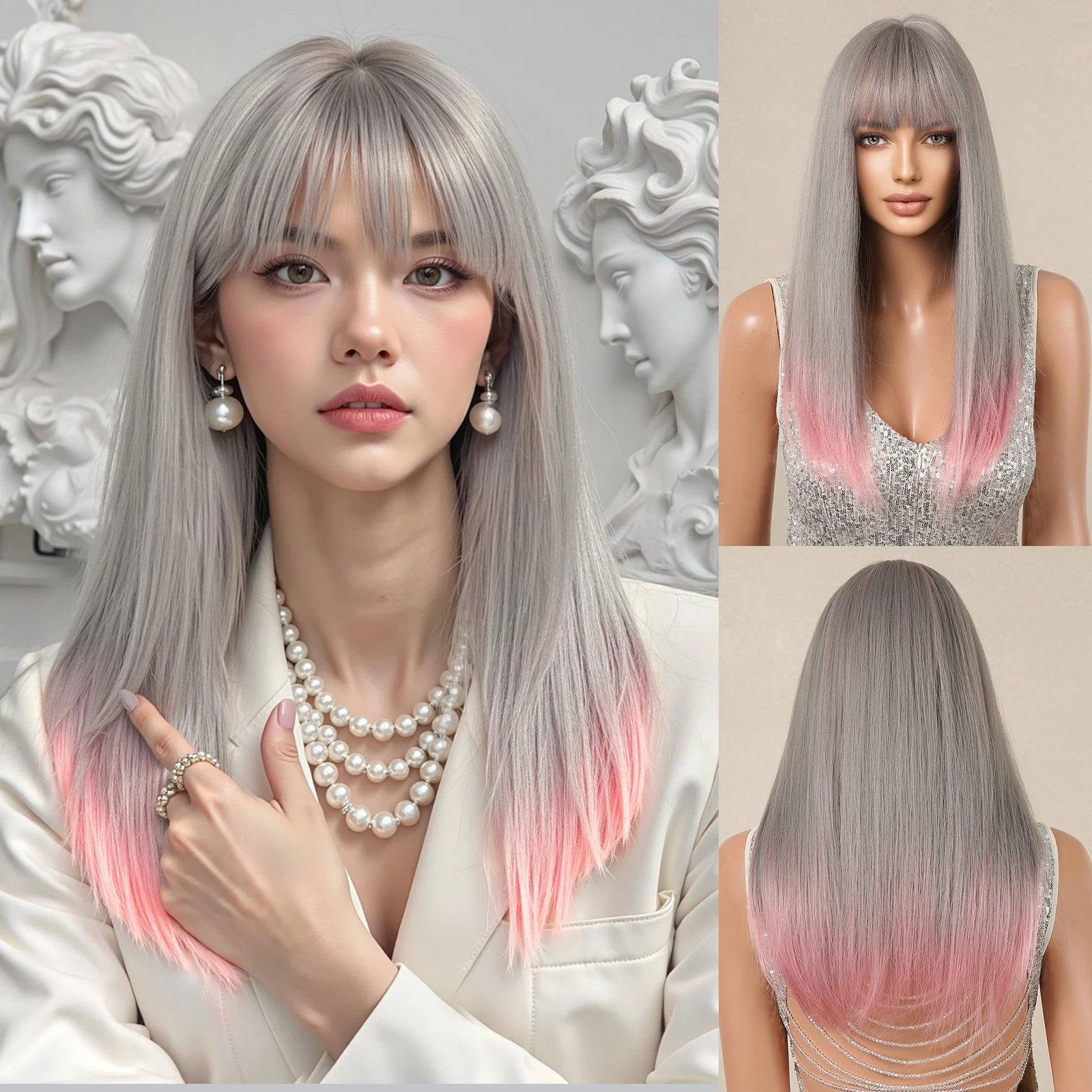 

Серый смешанный розовый градиентный синтетический парик с челкой Длинный прямой парик для женщин Ежедневный косплей Натуральные искусственные волосы Использование термостойкие