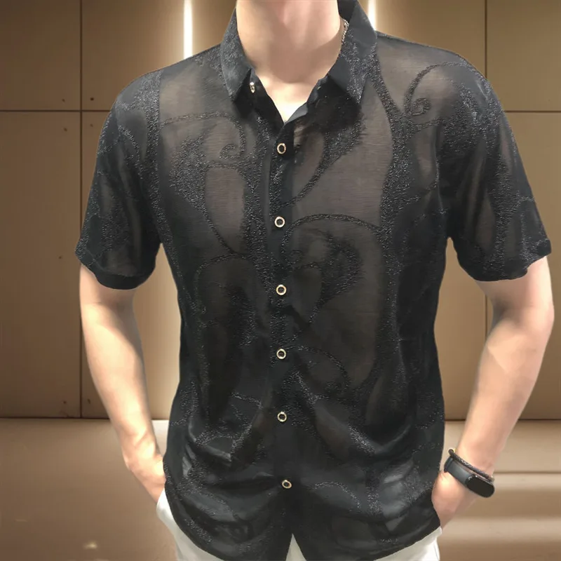 Flower See Through Shirt Short Sleeve Camisa Social Masculina Summer Sexy Prom Transparent Shirt Camisa Masculina Chemise Homme