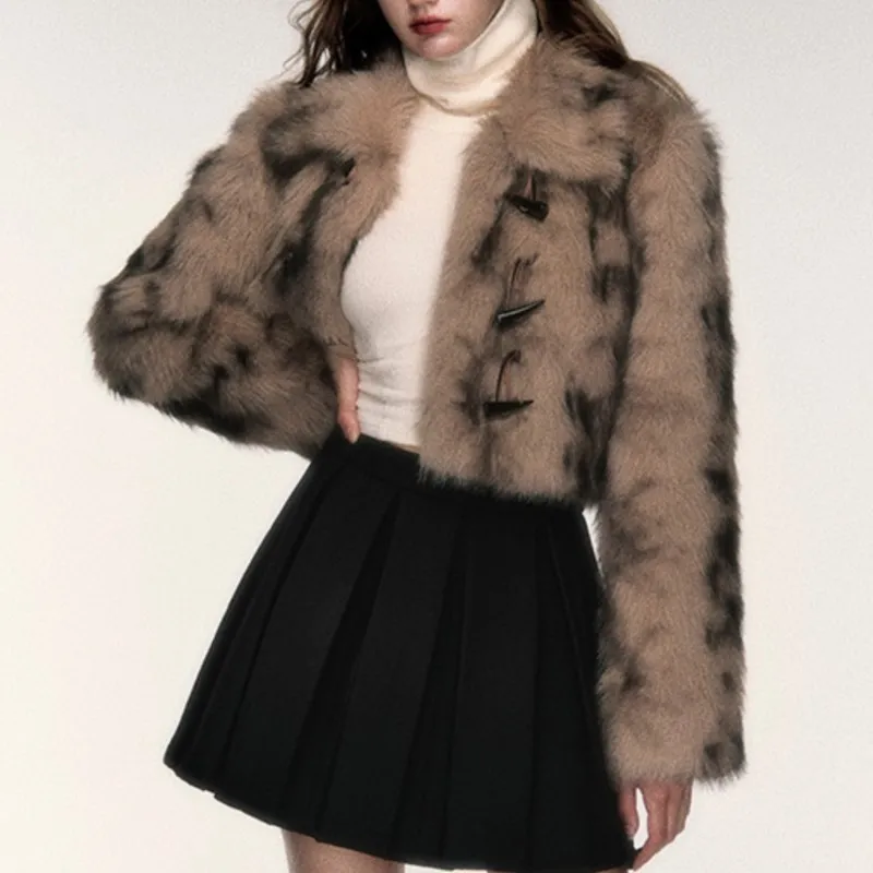2025 Nieuwe Hoorn Toggle Button Nepbont Turn-Down Revers Jassen Winter Dikke Bont Pluizige Chic Luipaard Jassen Tops Bovenkleding