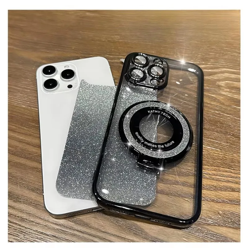 Luxury Magsafe Wireless Charging Case For iPhone 16 11 12 13 14 15 Pro Max Plus Glitter Magnetic Ring Bracket Transparent Cover