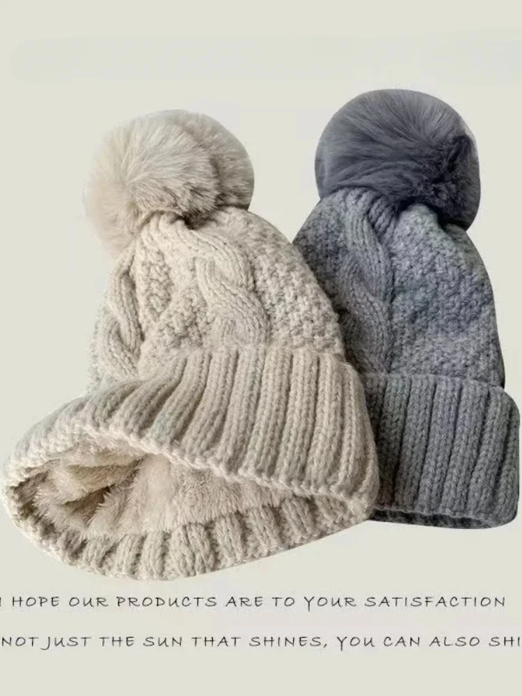 

Winter Twist Knitting Hat for Women Fur Pompom Thick Plush Cap Beanie Solid Color Ladies Warm Ski Snow Skullies Beanies