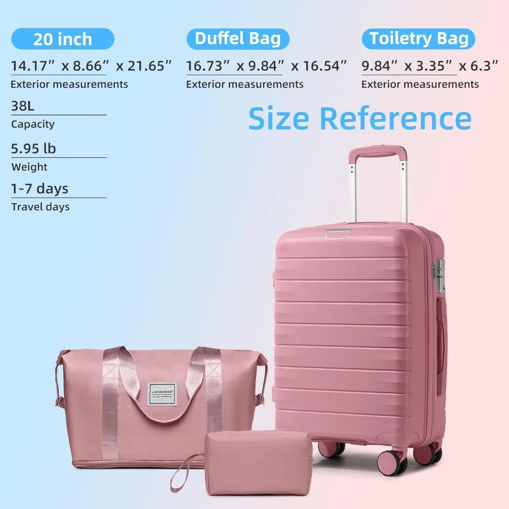 Juego de equipaje rígido Spinner de 3 piezas con cerradura TSA, bolsa de lona y maleta de mano para viaje