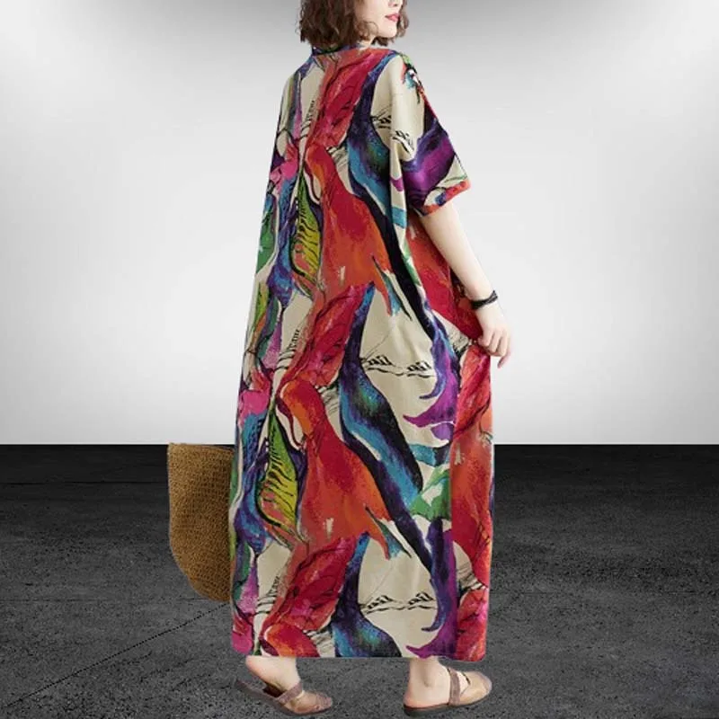 الصيف المتضخم قصيرة الأكمام القطن الكتان خمر فساتين مُزينة بنقشة الزهور المرأة عادية فضفاض ماكسي فستان صيفي طويل ملابس أنيقة