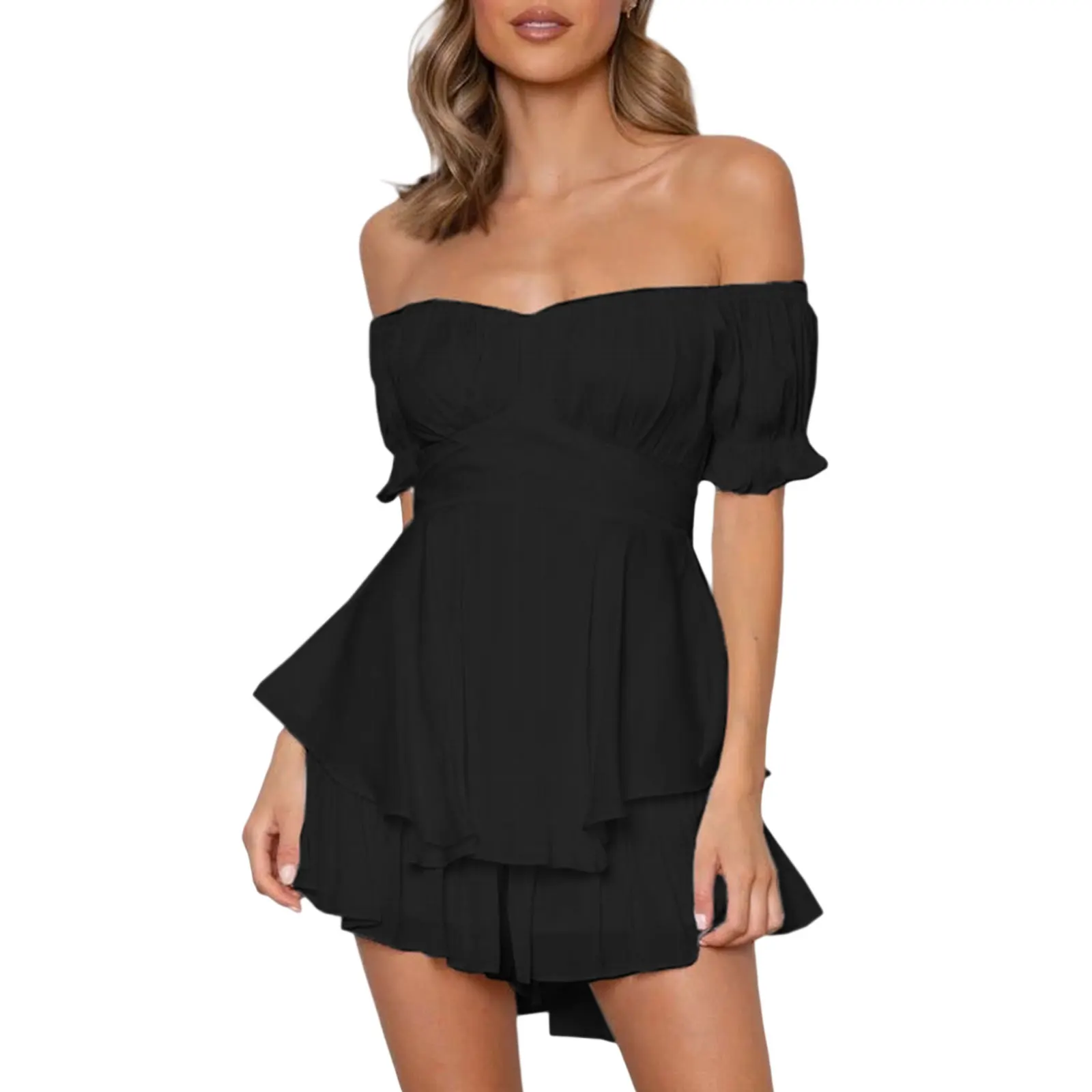 Women Off Shoulder Ruffle Mni Dress Sexy A-Line Shorts Romper Smocked Layered Chiffon Boho Backless Mini Jumpsuits Streetwear