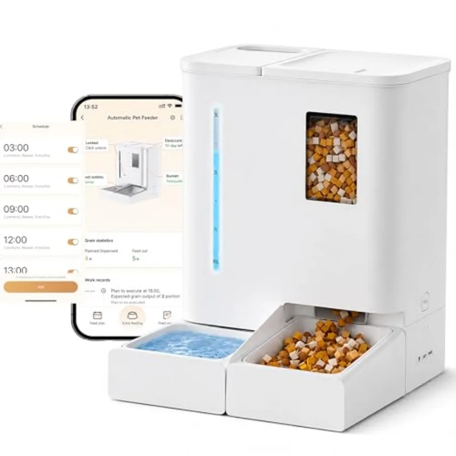 Wi-Fi Automatic Pet Feeder and Waterer for CatsDogs, 2-in-1 Set, 5L Large Ccity, 2 Weeks Supply, Intuitive App Control, Dual Po