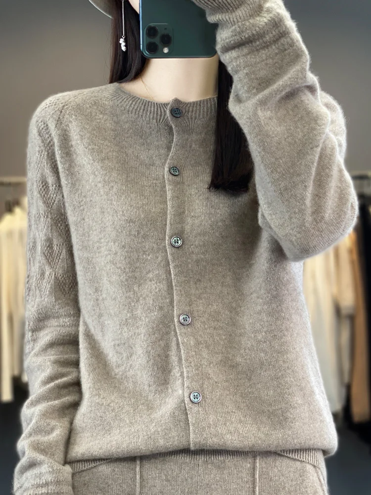 Autunno inverno donna o-collo Grace Cardigan 100% lana Merino maglione Hollow maglieria in Cashmere a maniche lunghe abbigliamento femminile top