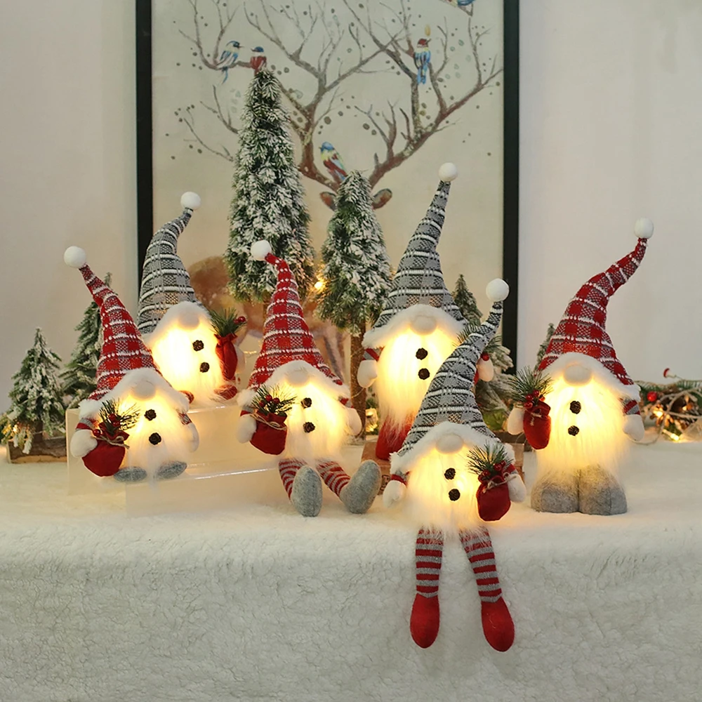 Merry Christmas LED Luminous Faceless Doll Rudolph Doll Handmade Sequins Sweden Tomte Santa Elf Doll Ornament New Year Gift