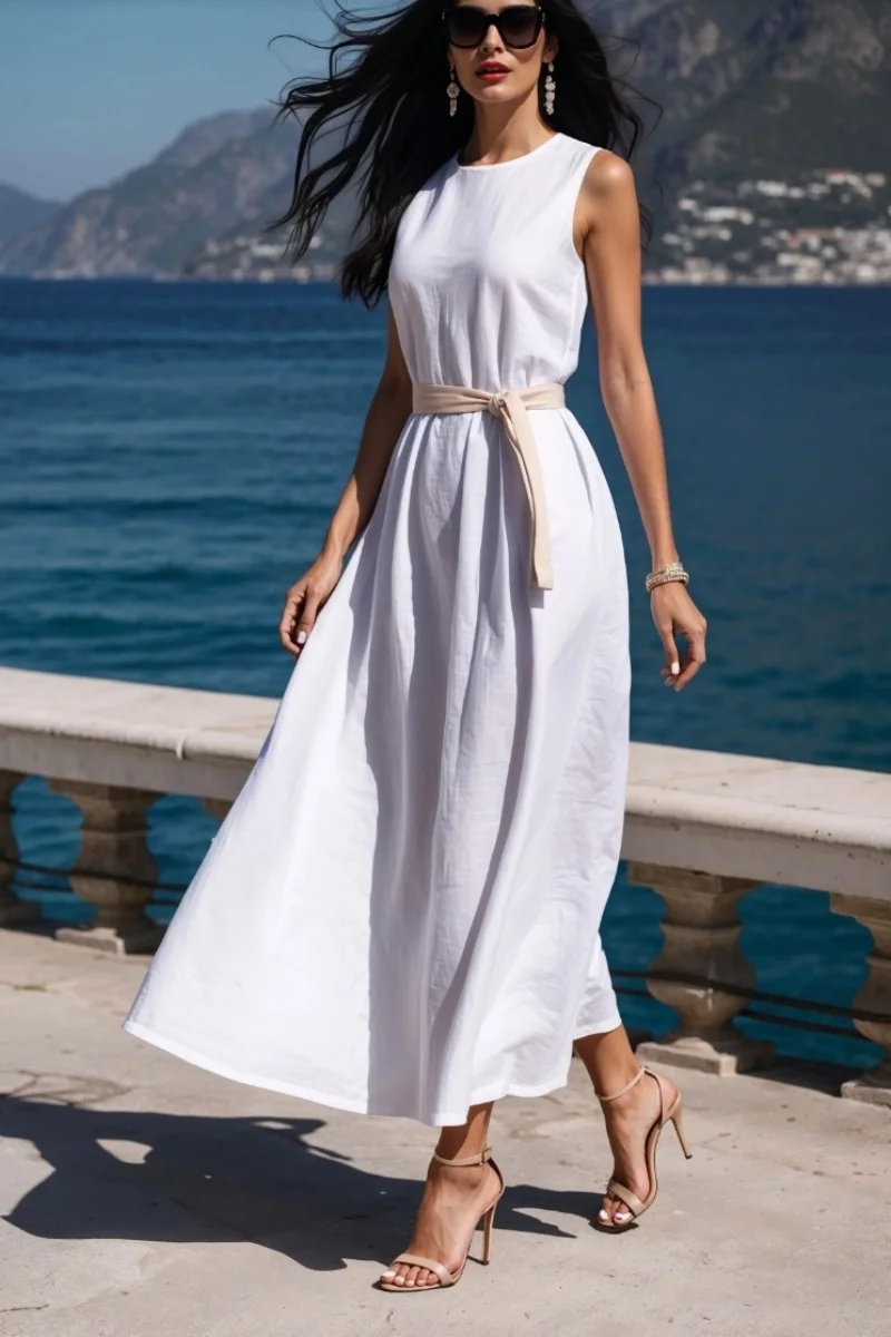 

Женское белое льняное платье миди без рукавов — летнее платье свободного кроя с поясом на талии