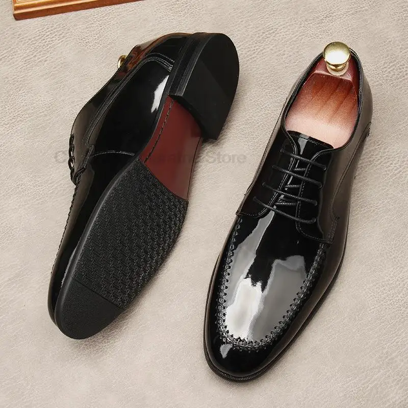 

HKDQ Patent Leather Men's Oxford Genuine Leather Shoes Men Dress Shoes Black Round Head Lace Up Wedding Business Formal Shoes