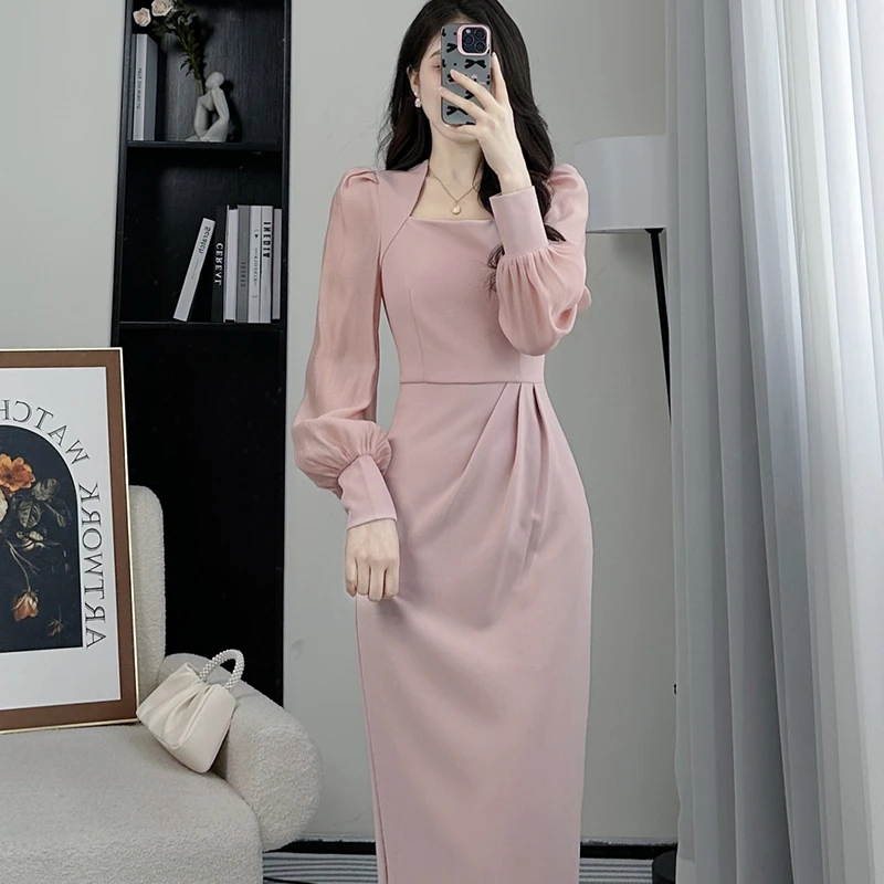 Pink Slimming Long Dress Women's Spring Autumn New Style Casual Square Collar High-End Feeling Leisure Gown Simple Style Poly...