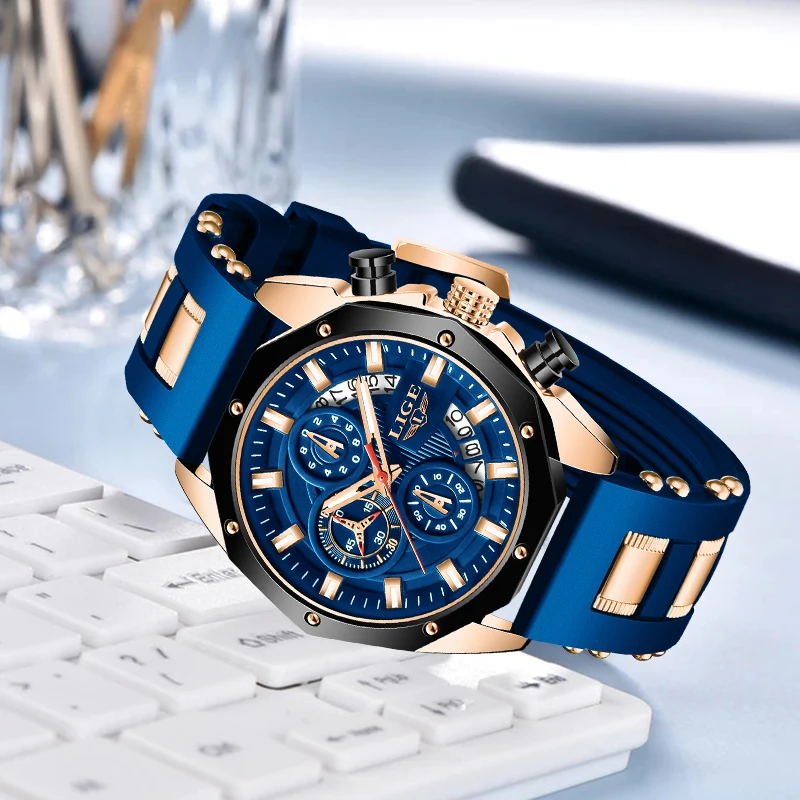 Lige-メンズ防水クォーツ時計,シリコンストラップ,クロノグラフ,カジュアル,スポーツ,ミリタリー,時計,トップブランド,高級ファッション