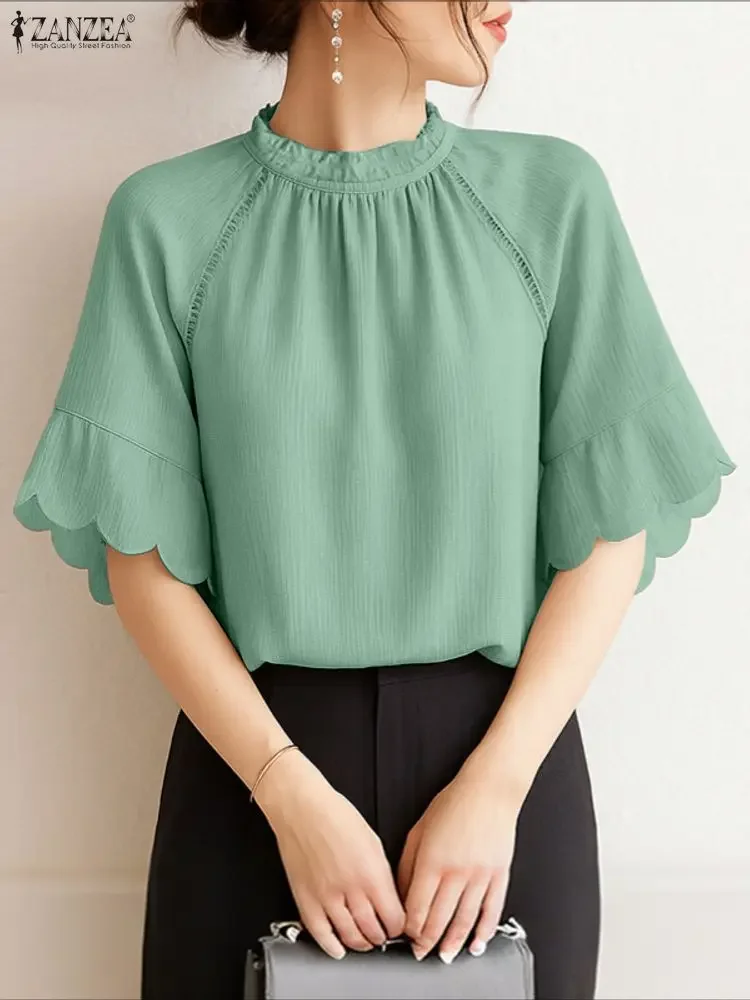 

2025 ZANZEA Elegant Summer Women Blouse Half Sleeve Solid Shirts Fashion Stand Collar Casual Loose Tunic Tops Blusas Femininas