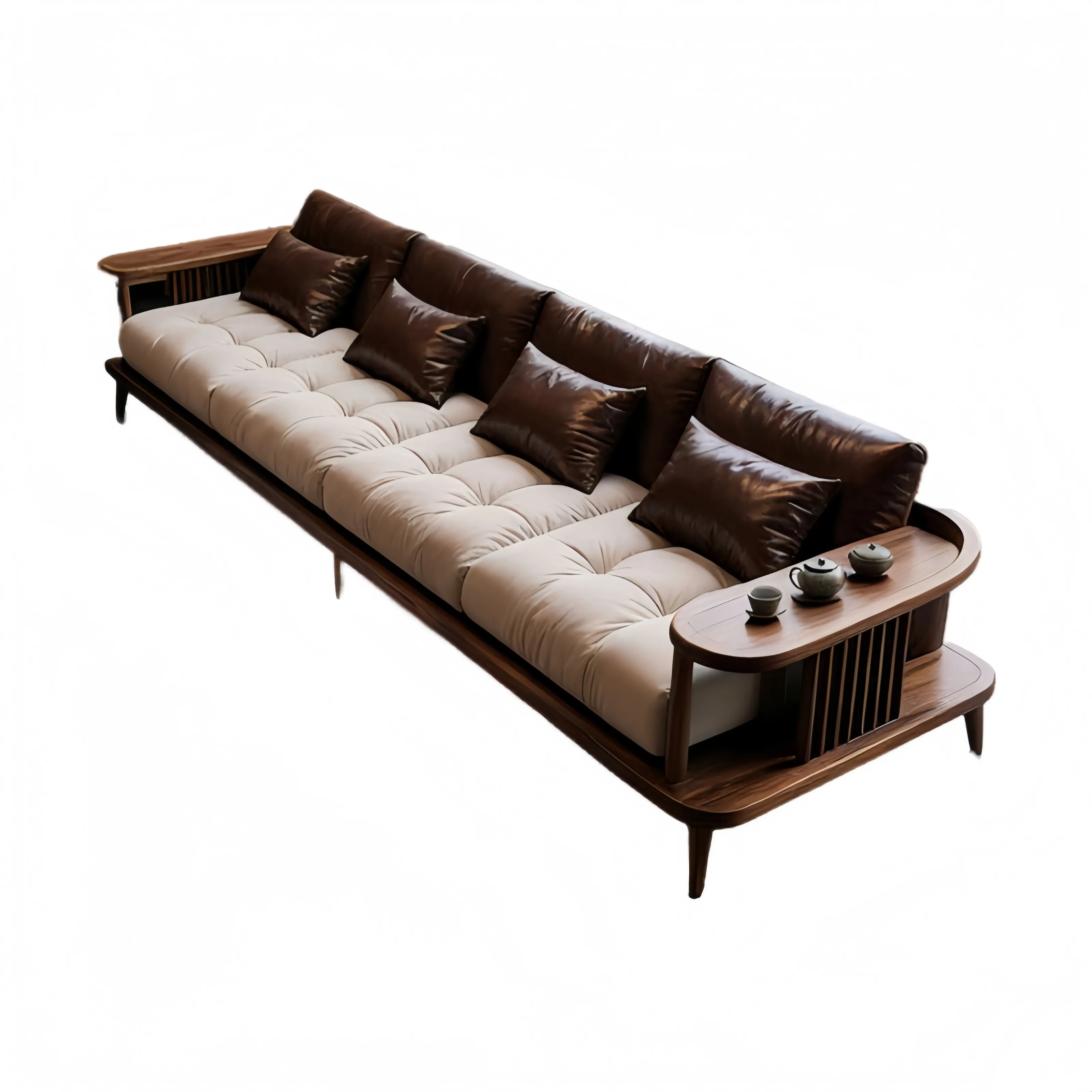 

#New Chinese Style Solid Wood Sofa, Living Room, Black Walnut Wood Large Unit, Straight Row Leisure Sofa, Villa Furniture