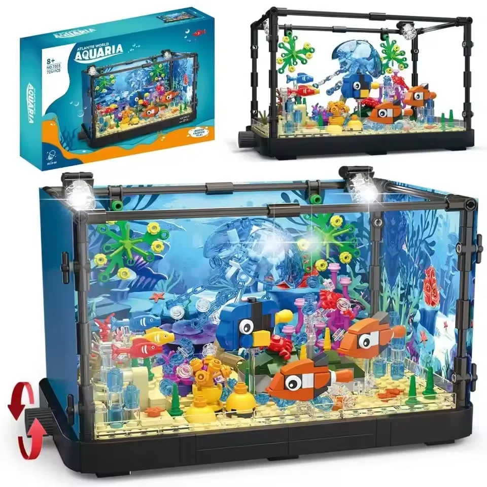 

725Pcs Fish Tank Building Blocks Ocean Jellyfish Aquarium With Light Creative DIY Construction Bricks STEM Toys For Kids Gift