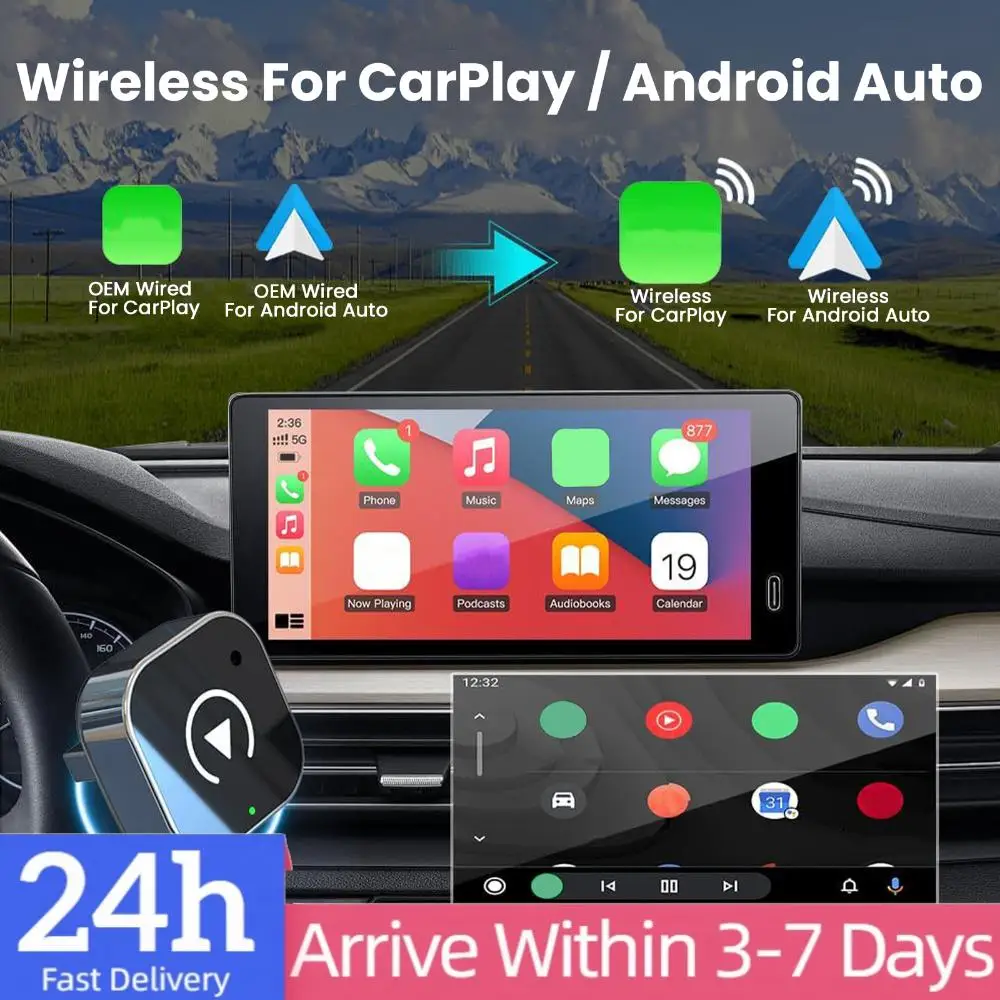 

Адаптер 2-в-1 для CarPlay и Android Auto, беспроводной USB-донгл Plug & Play для заводских систем с проводным подключением