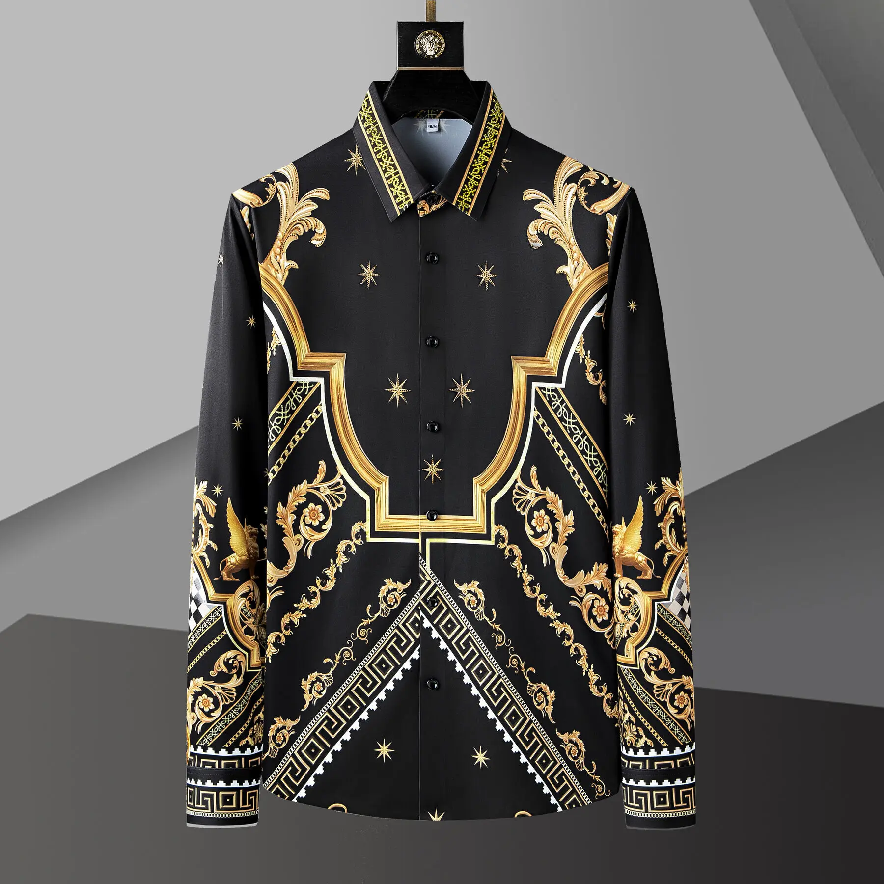 Luxury Full Flower Shirt Men Casual Rhinestones Shirt Camisa Masculina Slim Shirt Print Shirt Dress Men Black Gold Plaid Shirt