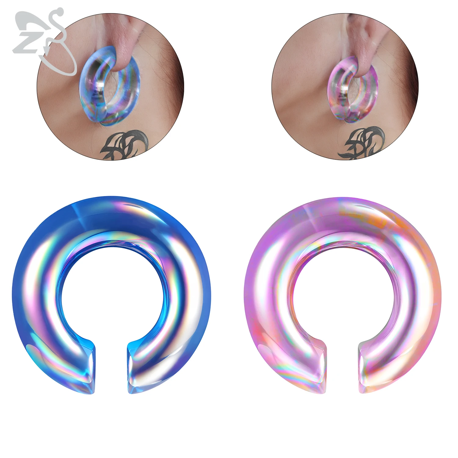 ZS 1PC 8-12mm Glass Ear Tunnels Plugs Apers And Tunnels Blue Pink Color Ear Stretching C Shape Ear Gauges Body Piercing  Jewelry