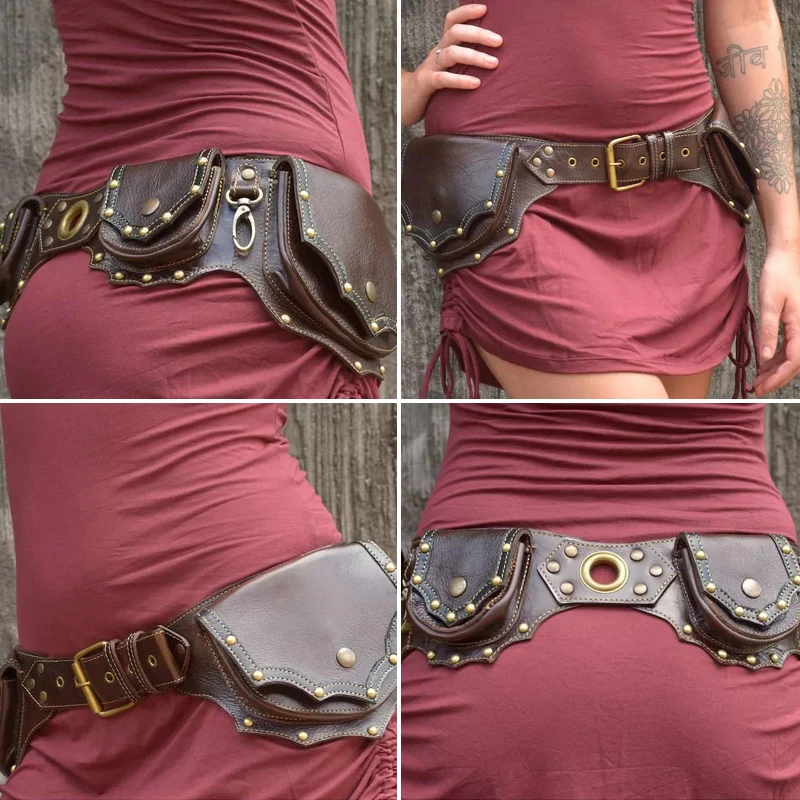 Medieval Steampunk Leather Waist Bag Utility Hip Belt Festival Pocket Gothic Ne'w Women Fanny Pack Travel Cosplay Accessory