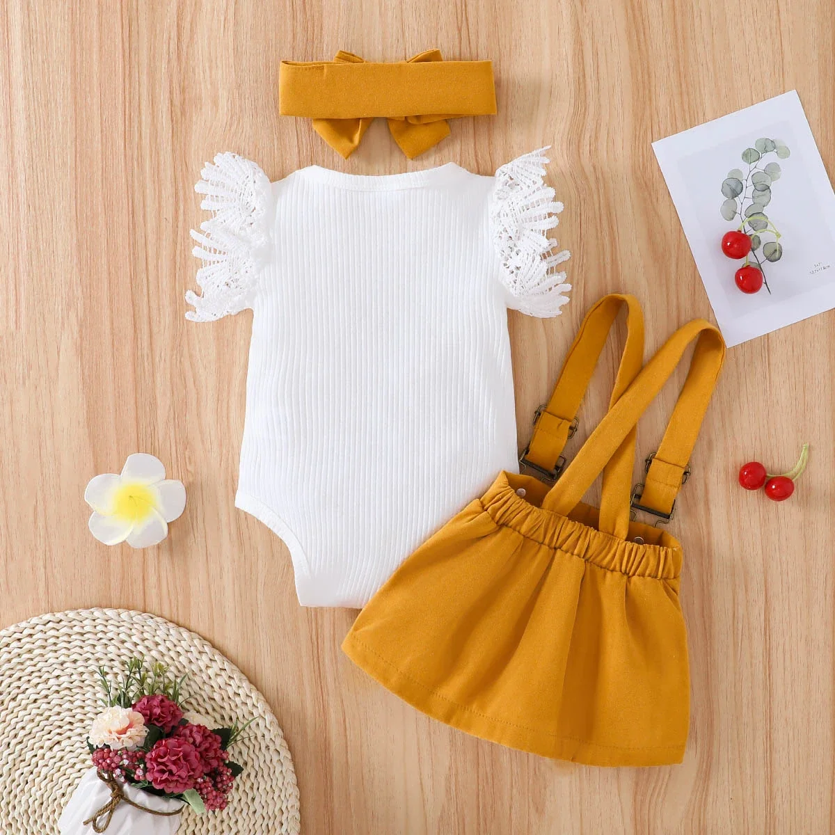 PatPat 3pcs Baby Girl Lace Flutter-sleeve Ribbed Romper and Suspender Skirt with Headband Set Soft and Comfortable