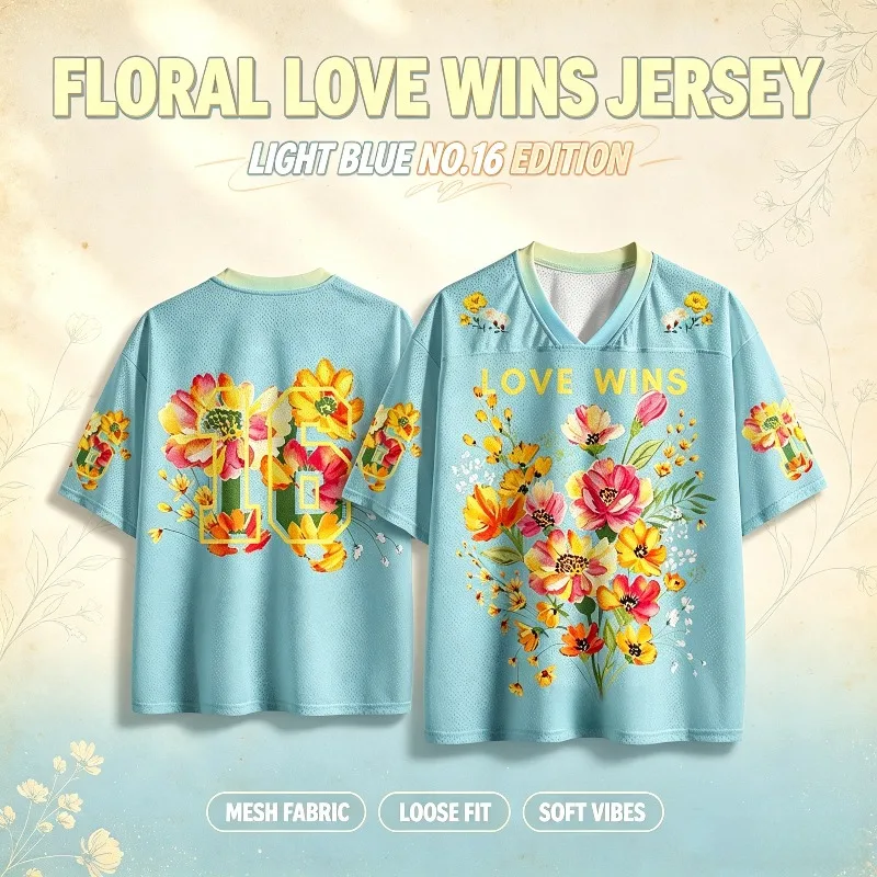 Fresh Light Blue Watercolor Flower V-neck Jersey LOVE WINS Letter 16 Japanese Print Loose Breathable Rugby Short Sleeved Shirt