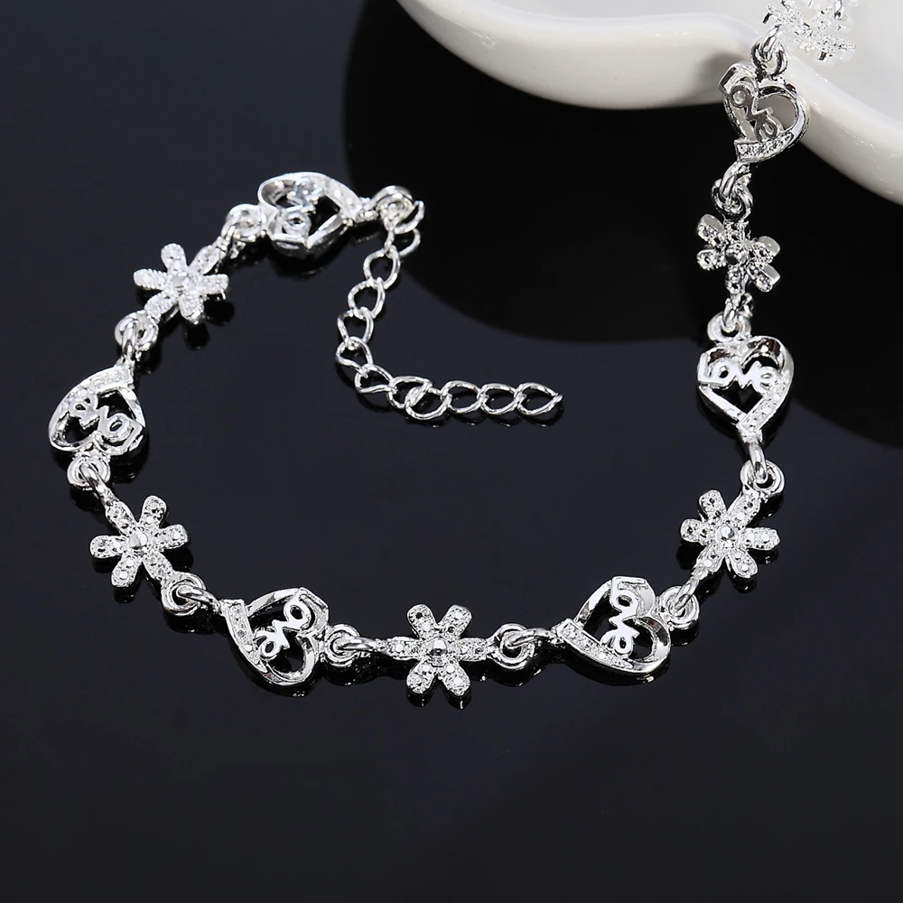 Hot fine 925 sterling silver Bracelet Fashion crystal romantic heart flower chain for woman wedding accessories designer jewelry