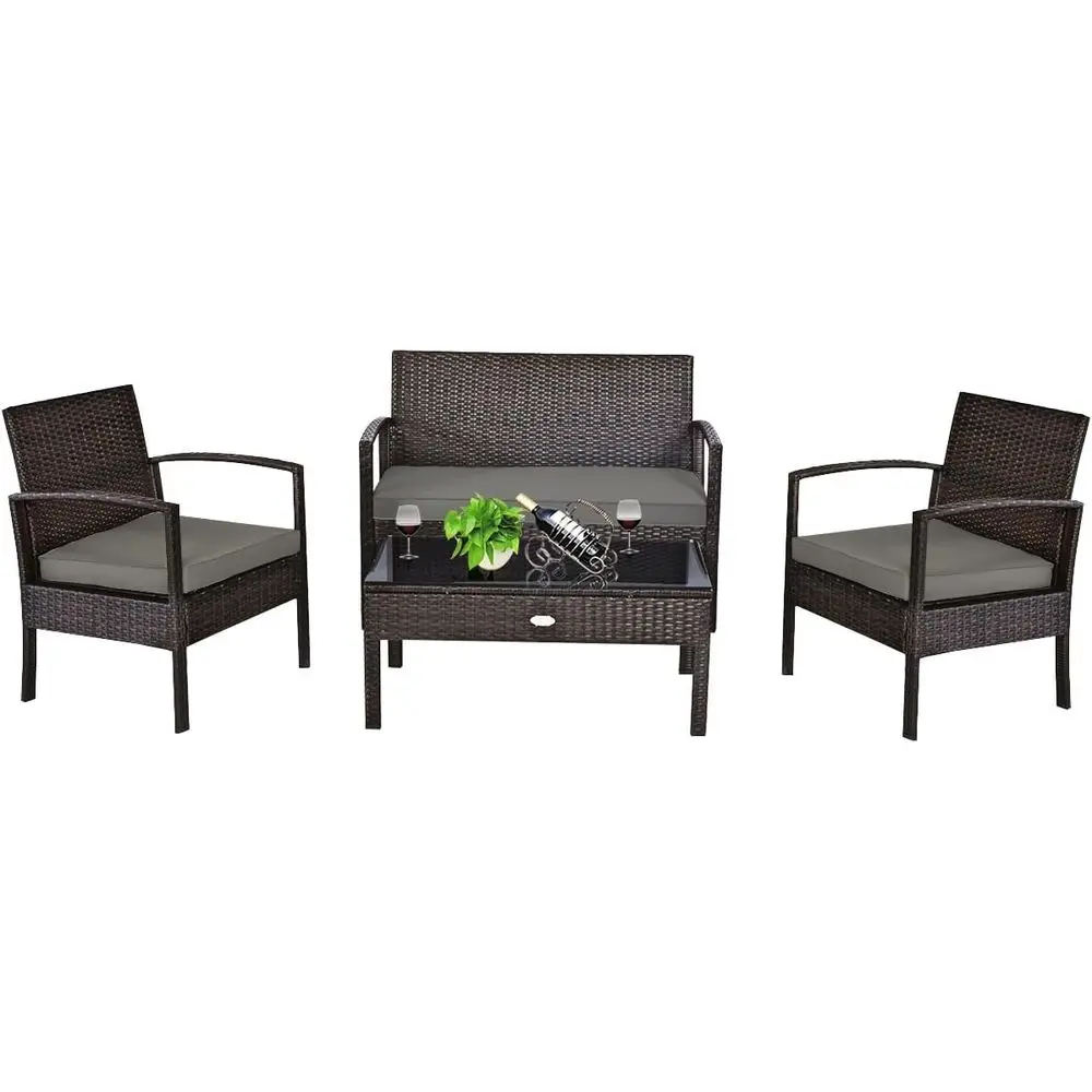 4-Piece Outdoor Patio Furniture Set: Wicker Rattan with Glass Top Table, Cushioned Seats for Balcony, Porch, or Poolside
