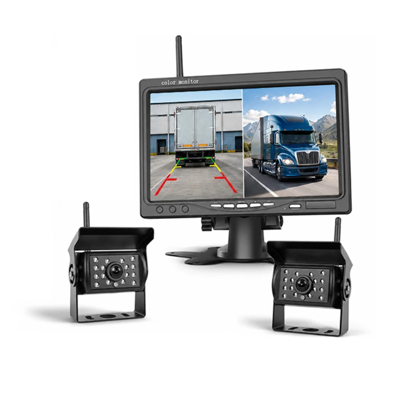 Podofo 7-Zoll Kabelloses Rückfahrkamera-Set mit Bildschirm, IPS-Display, Störschutz, IP68 Wasserdicht, Infrarot-Nachtsicht mit 2 Kameras für Einparkhilfe und Rückfahrsystem