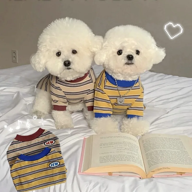 Striped Letter Print Pet Vest Autumn Dog Warm Bottoming Shirt Small Dogs Cats Soft Two-Legged Clothes Dog Stuff
