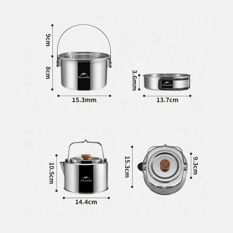 Naturehike 3-in-1 Stainless Steel Cookware Set Camping Nesting Storage Tableware Pots & Cooking Sets Outdoor Picnic Cookware