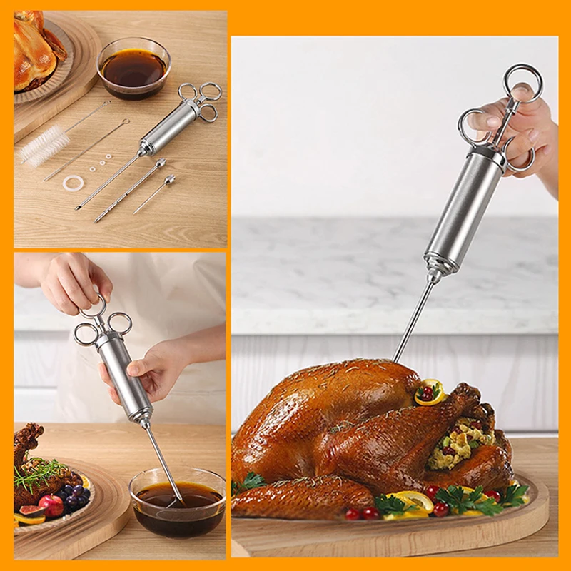 Professional Meat Injector Syringe, Stainless Steel Marinade Injector for BBQ Grill Turkey Roast Beef, Reusable Kitchen Tool