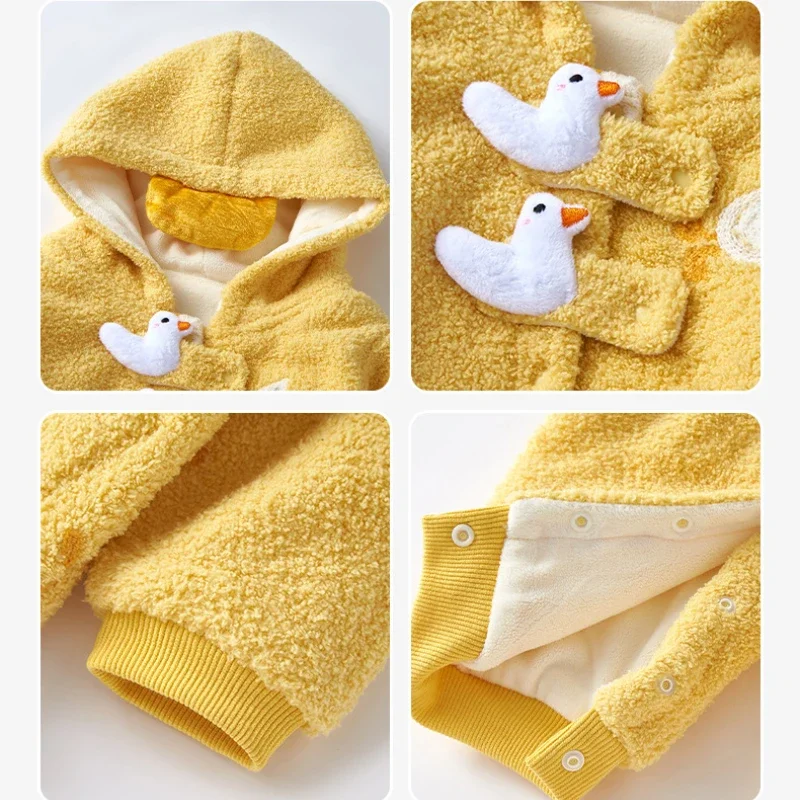 2024 Baby Clothes Girl Matching Autumn and Winter Fleece-Lined Newborn Bodysuit Korean Yellow Duck Warm Jumpsuit for Kids Outfit