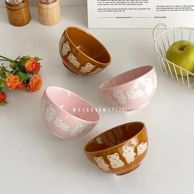 Korean Cute Pink Embossed Bear Ceramic Rice Bowl, Single Household Snack Bowl, Yogurt Breakfast Bowl, 1 Piece, 2 Colors