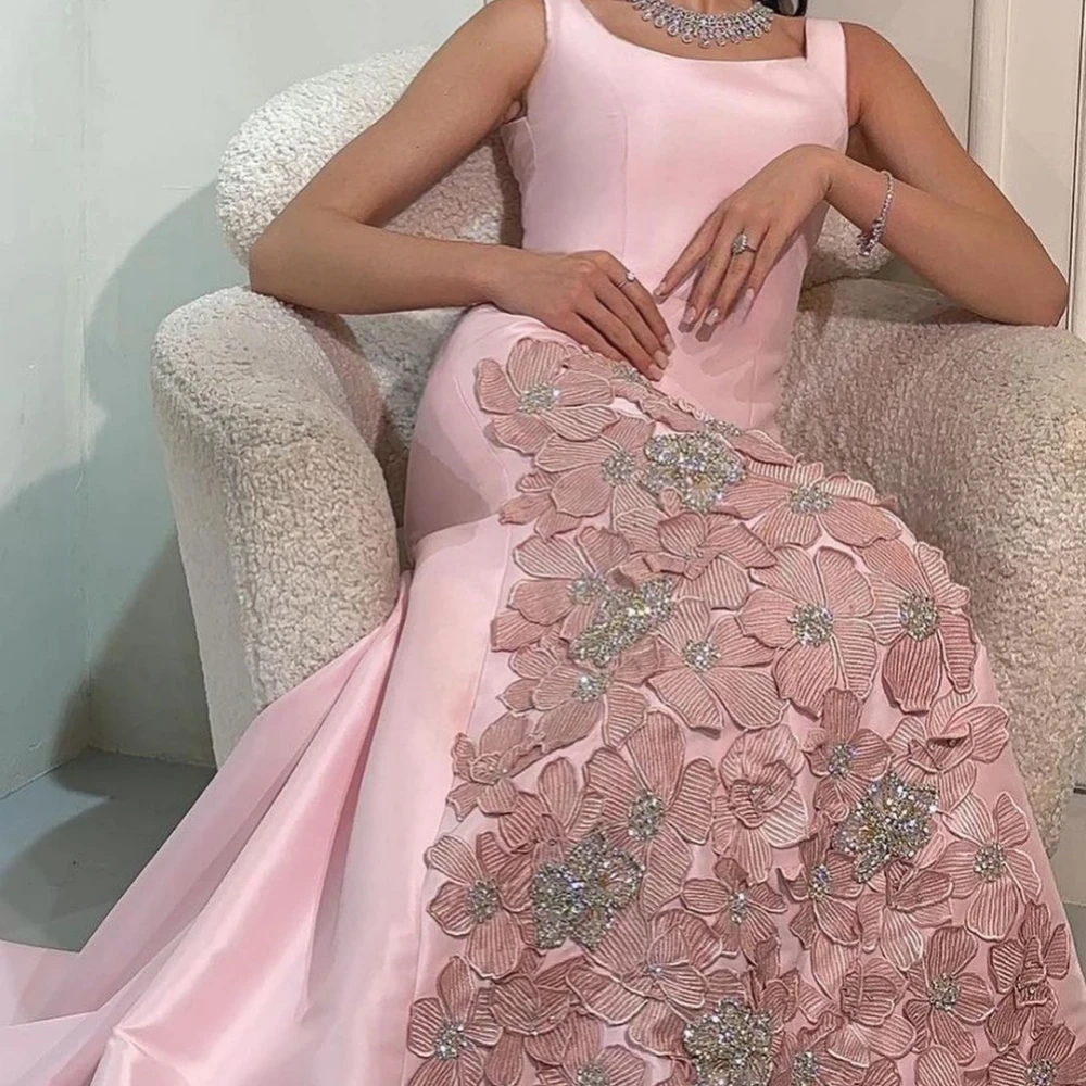 

Oisslec Scoop فساتين السهرة Neck Sheath Beads 3D Flowers Satin Formal Occasion Evening Gown Arab Saudi فستان حفلة موسيقية